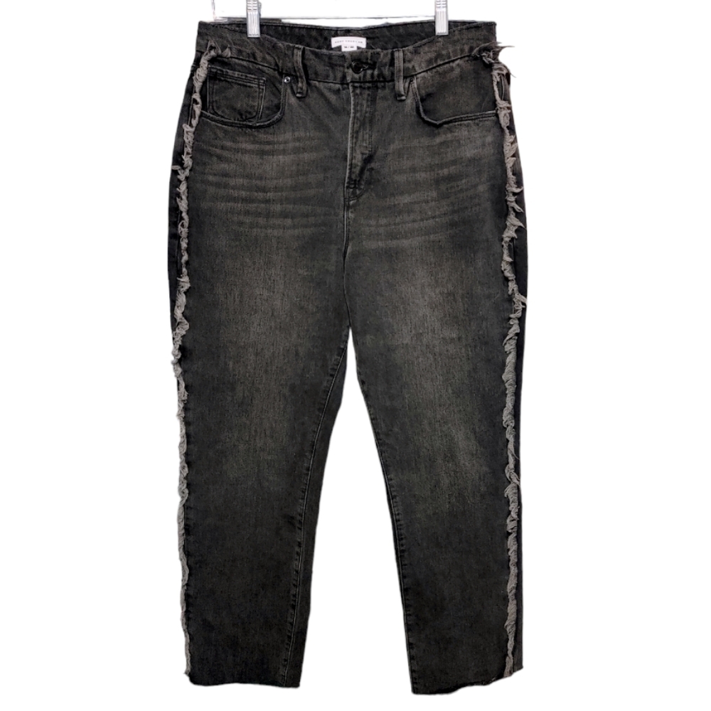 Good American Good Boy Dark Wash Frayed High Rise Slim Leg Jeans Women's Size 14 - Picture 5 of 13